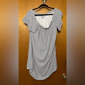 Striped Ruffle Off the Shoulder Dress - White & Navy